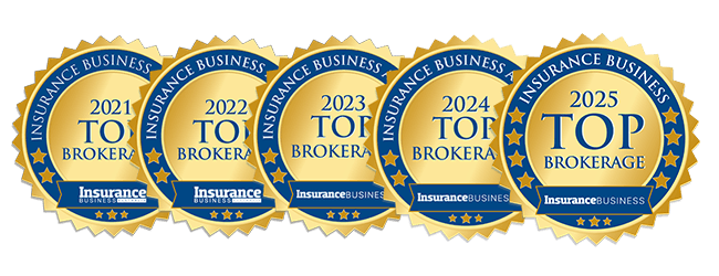 Insurance Business Top Brokerage award medallions for 2021, 2022, 2023, 2024 and 2025